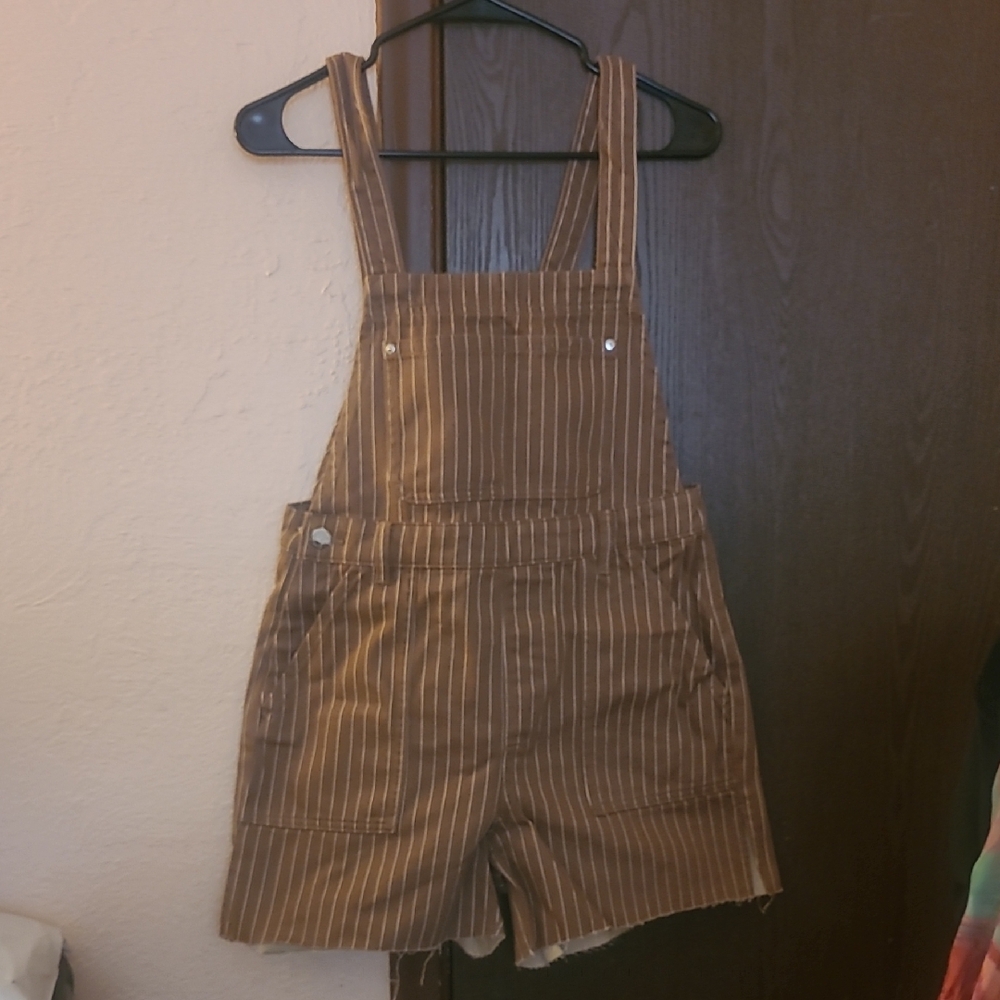 WeWoreWhat Brown Striped Short Overalls